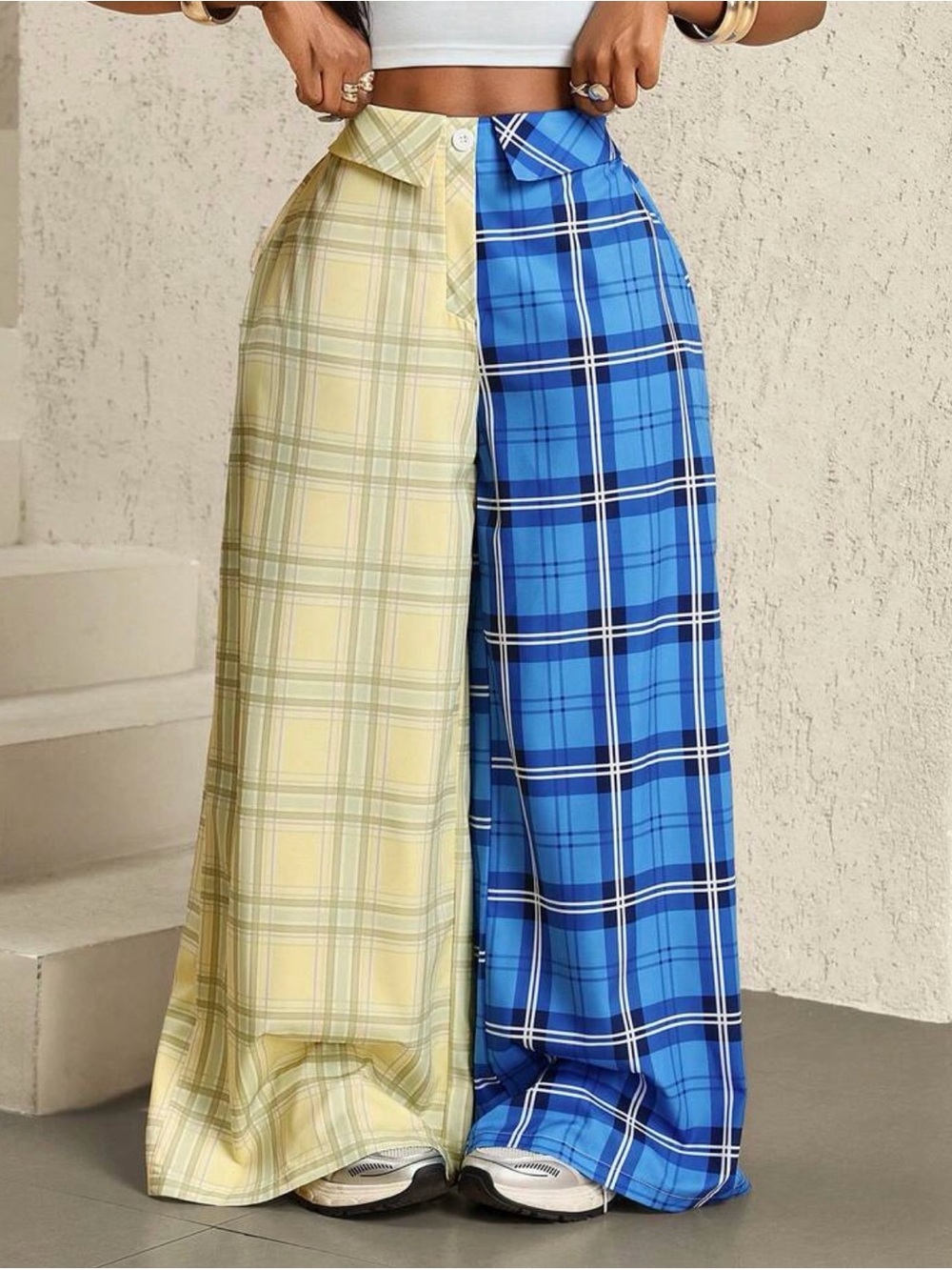 SHEIN Two-Tone Plaid Wide Leg Pants in Yellow and Blue